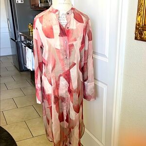 EUC Adrienne Landauo tan and rust, sheer, long sleeve button-down duster medium